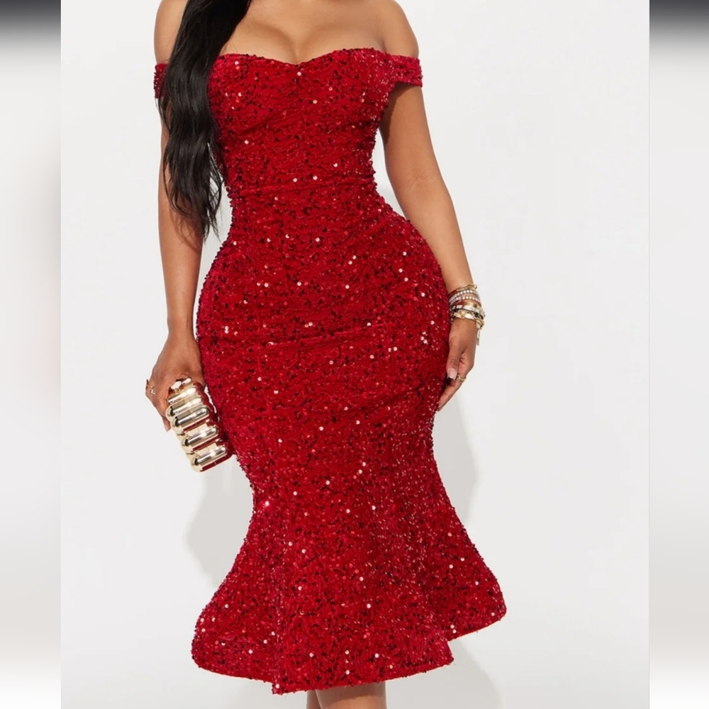 Fashion Nova Off-Shoulder Red Midi Dress